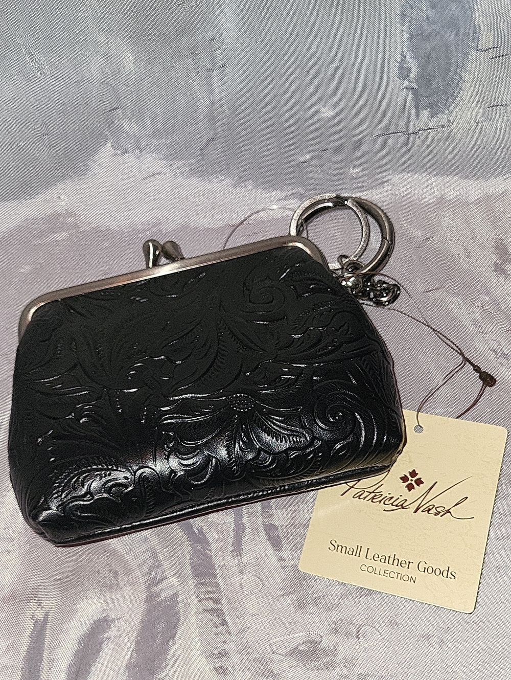 Patricia Nash Lrg Borse Black Tooled Kiss-Lock Coin Wallet with Keyring Bnwt HL